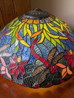 16” Tiffany Style Stained Glass Dragonfly Lamp Shade Red Blue Floral Mosaic